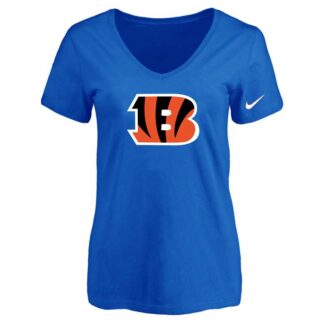 Women's Cincinnati Bengals Blue Logo V neck T-Shirt FengYun