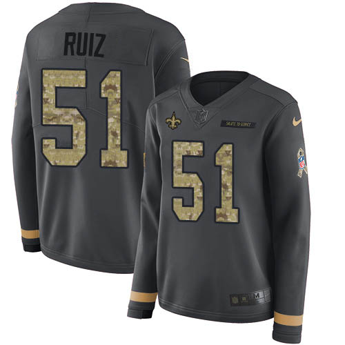 Nike New Orleans Saints #51 Cesar Ruiz Anthracite Salute to Service Women’s Stitched NFL Limited Therma Long Sleeve...