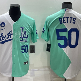 Men's Los Angeles Dodgers #50 Mookie Betts White Green Number 2022 Celebrity Softball Game Cool Base Jersey1