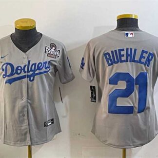 Women's Los Angeles Dodgers #21 Walker Buehler Grey 2024 World Series Cool Base Stitched Jersey(Run Small)