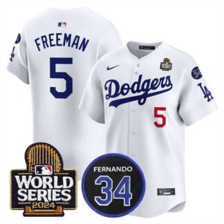 Men's Los Angeles Dodgers #5 Freddie Freeman White 2024 World Series With Fernando Memorial Patch Limited Stitched...