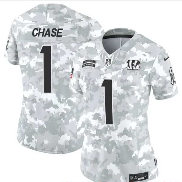 Women's Cincinnati Bengals #1 Ja'Marr Chase 2024 F.U.S.E Arctic Camo Salute To Service Limited Stitched Jersey Dzhi
