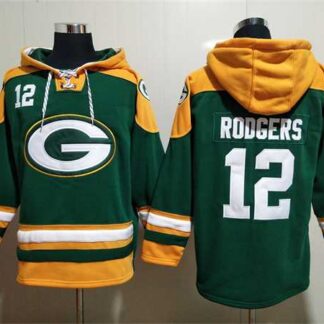 Green Bay Packers #12 Aaron Rodgers Green Lace-Up Pullover Hoodie