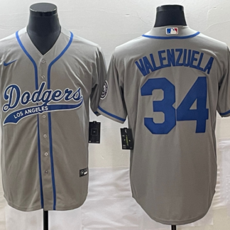 Men's Los Angeles Dodgers #34 Fernando Valenzuela Grey With Patch Cool Base Stitched Baseball Jersey1