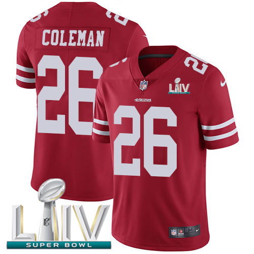 Nike San Francisco 49ers #26 Tevin Coleman Red Super Bowl LIV 2020 Team Color Men’s Stitched NFL Vapor Untouchable...
