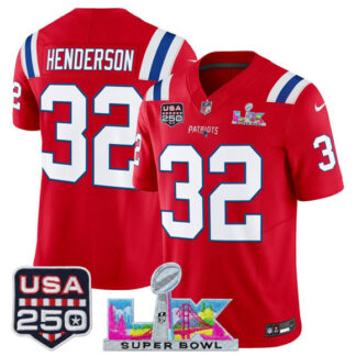 Men's New England Patriots #32 TreVeyon Henderson Red 2025 F.U.S.E. Super Bowl LX Patch And USA 250' Patch Vapor Li...