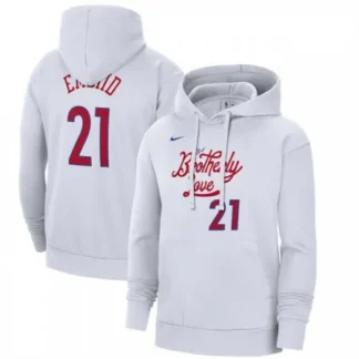 Men's Philadelphia 76ers #21 Joel Embiid White 2022/23 City Edition Name & Number Essential Pullover Hoodie